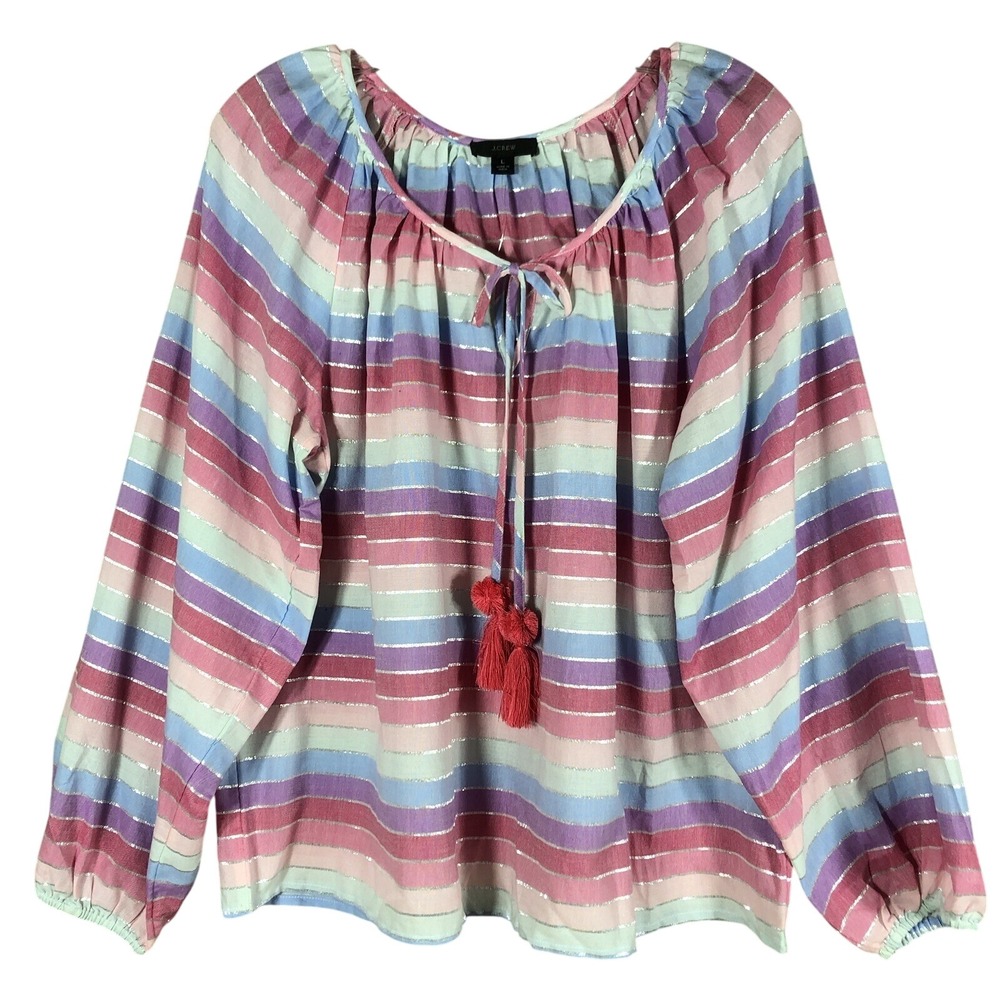J Crew Blouse Womens L Pink Rainbow Metallic Stripe Tassel Tie Boho Peasant NWT